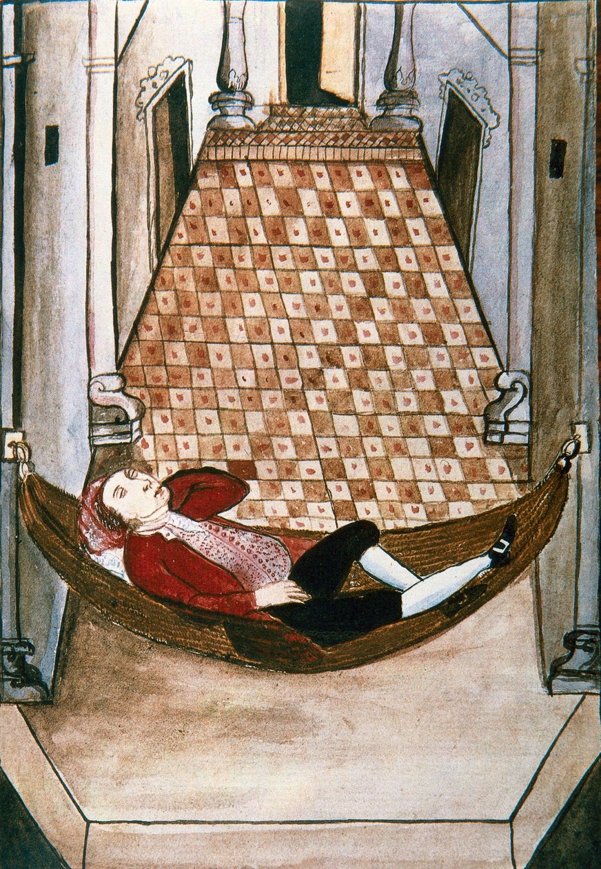Sömnig spanjor i en hängmatta i ett rikt palats, från boken "Trujillo del Peru" eller "Codex Martinez Companion", av Baltazar Martinez Companion och Bujanda, biskop av Trujillo (1782-1785) av Unknown artist