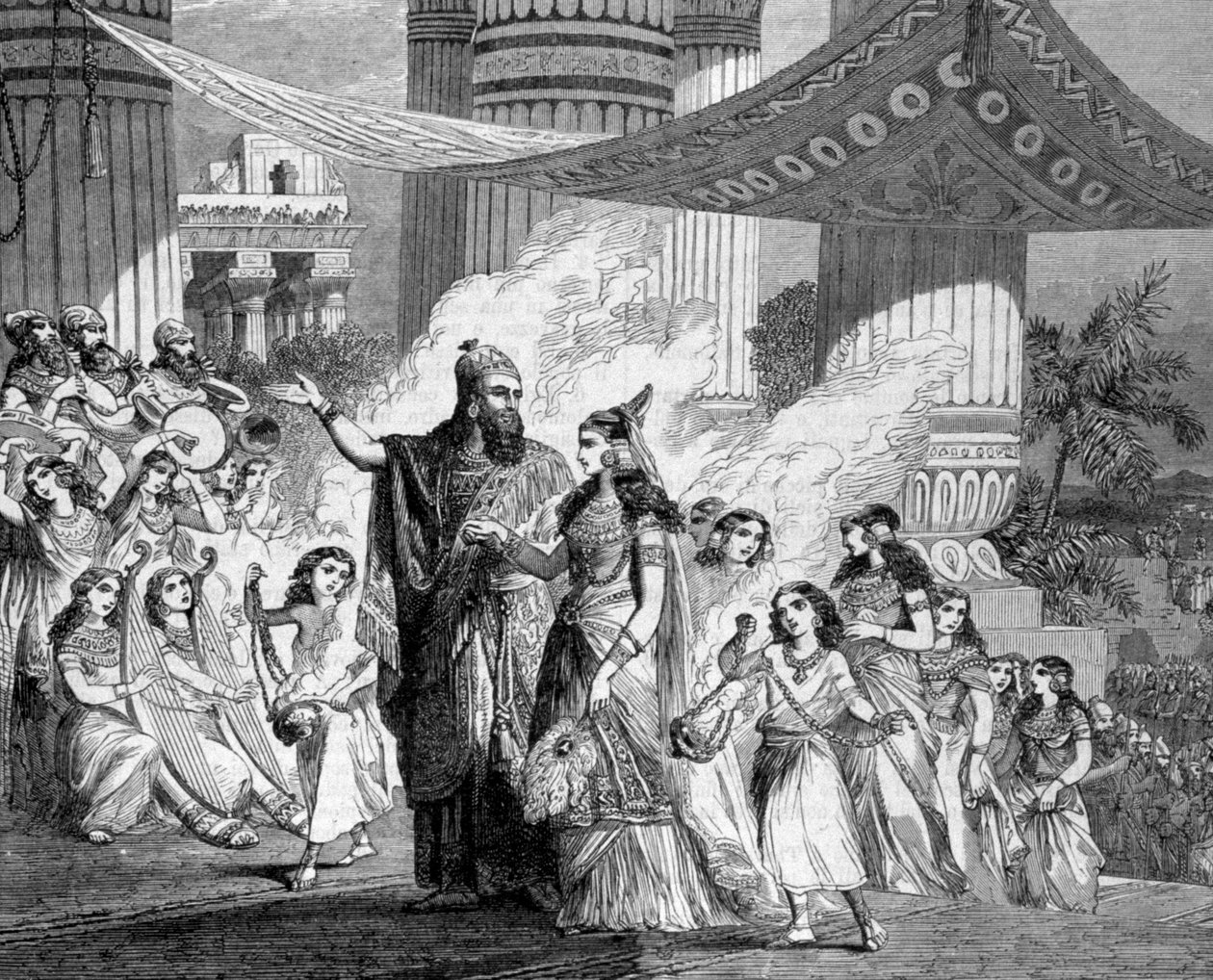 Salomo leder faraos dotter till palatset. av Unknown artist