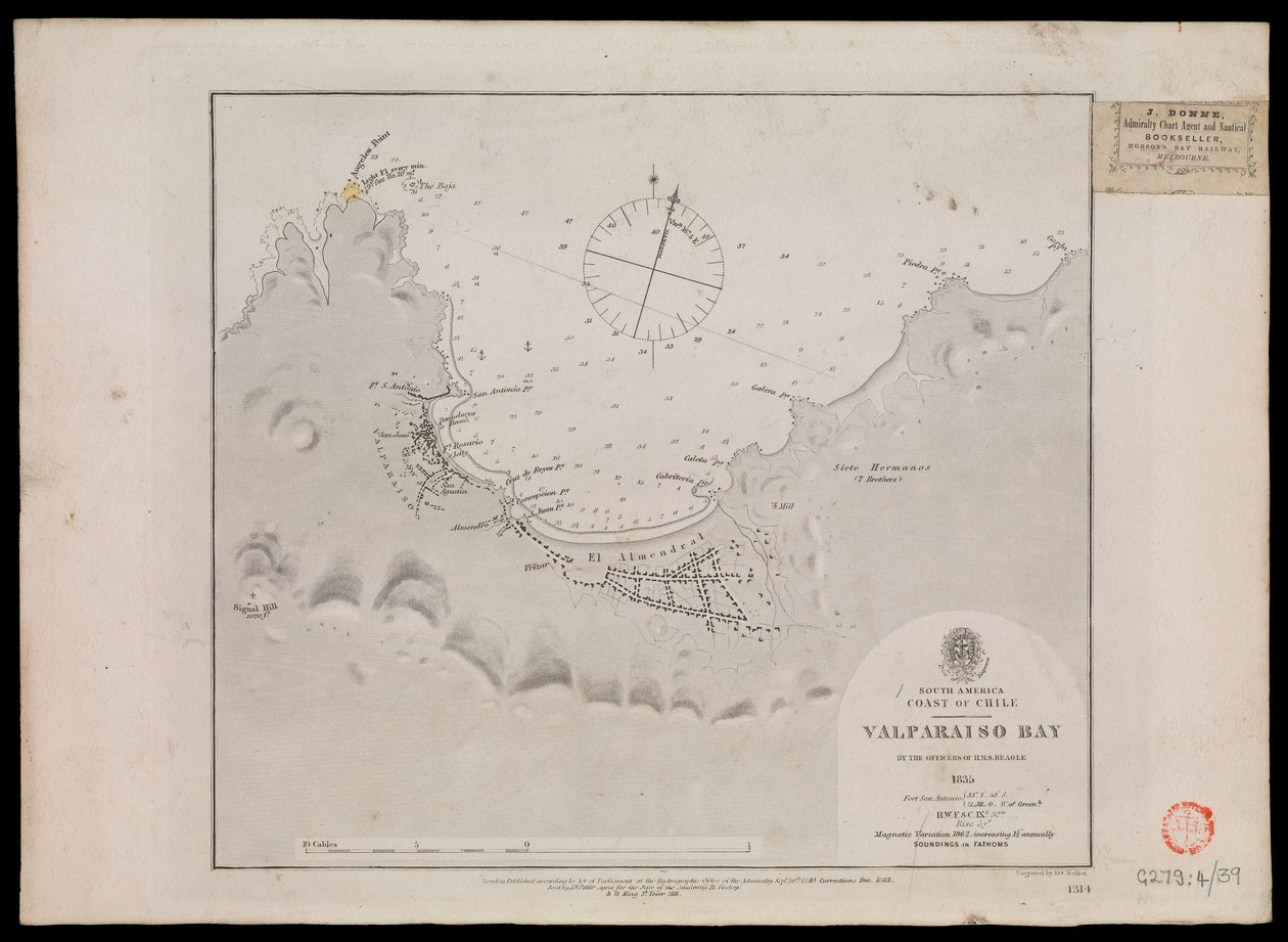 Sydamerika, Chiles kust - Valparaisobukten av officerarna på HMS "Beagle" 1835 av Unknown artist
