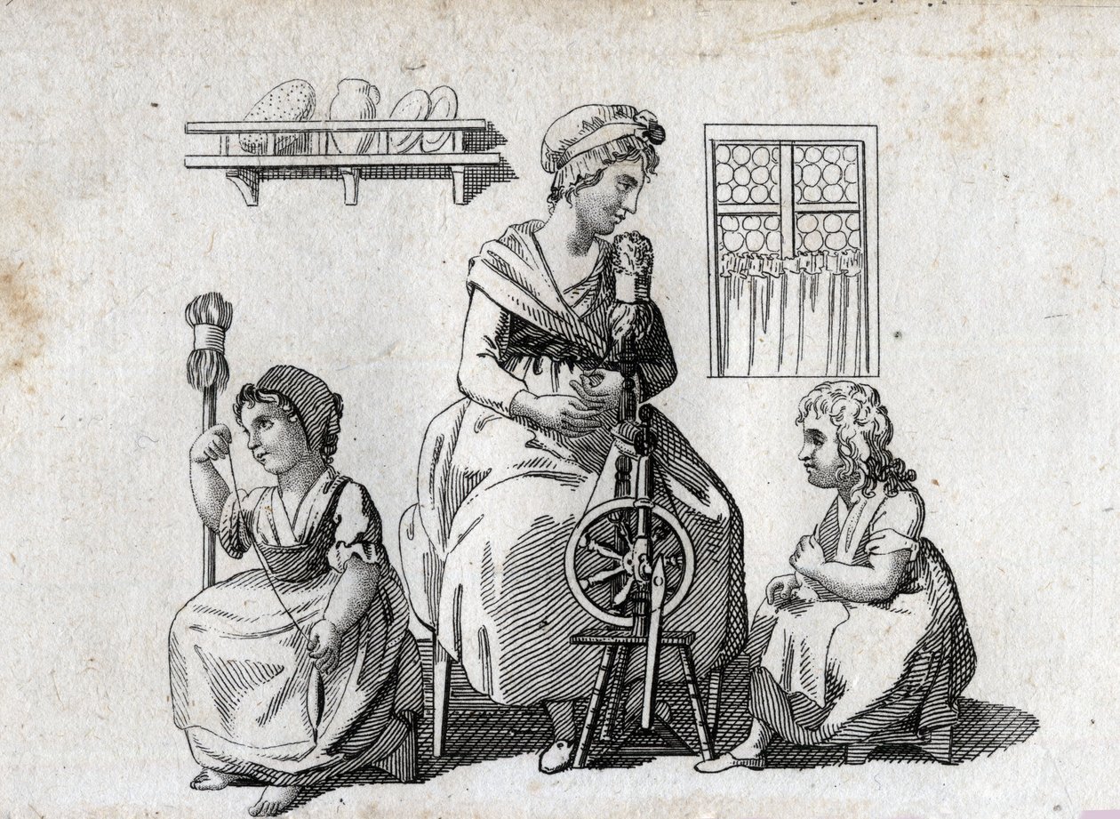 Spinning: mamma och hennes döttrar spinner ull. Kvinnan använder ett spinnhjul och hennes dotter använder en stjärt. Slutgravyr av 1700-talet. Privat samling. av Unknown artist