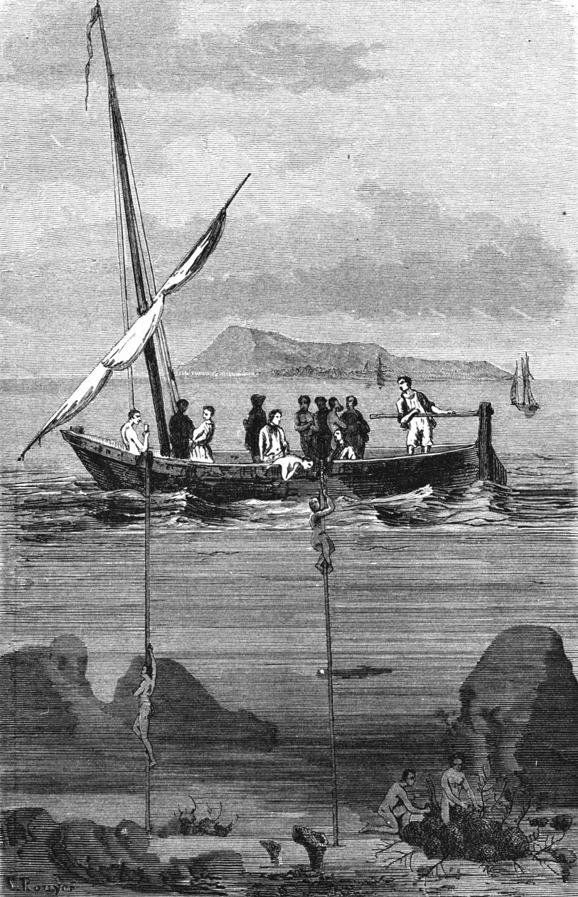 Svampfiske längs Syriens kust: dykare går ner för att plocka upp svamparna för hand. Gravyr av 1800-talet av Unknown artist