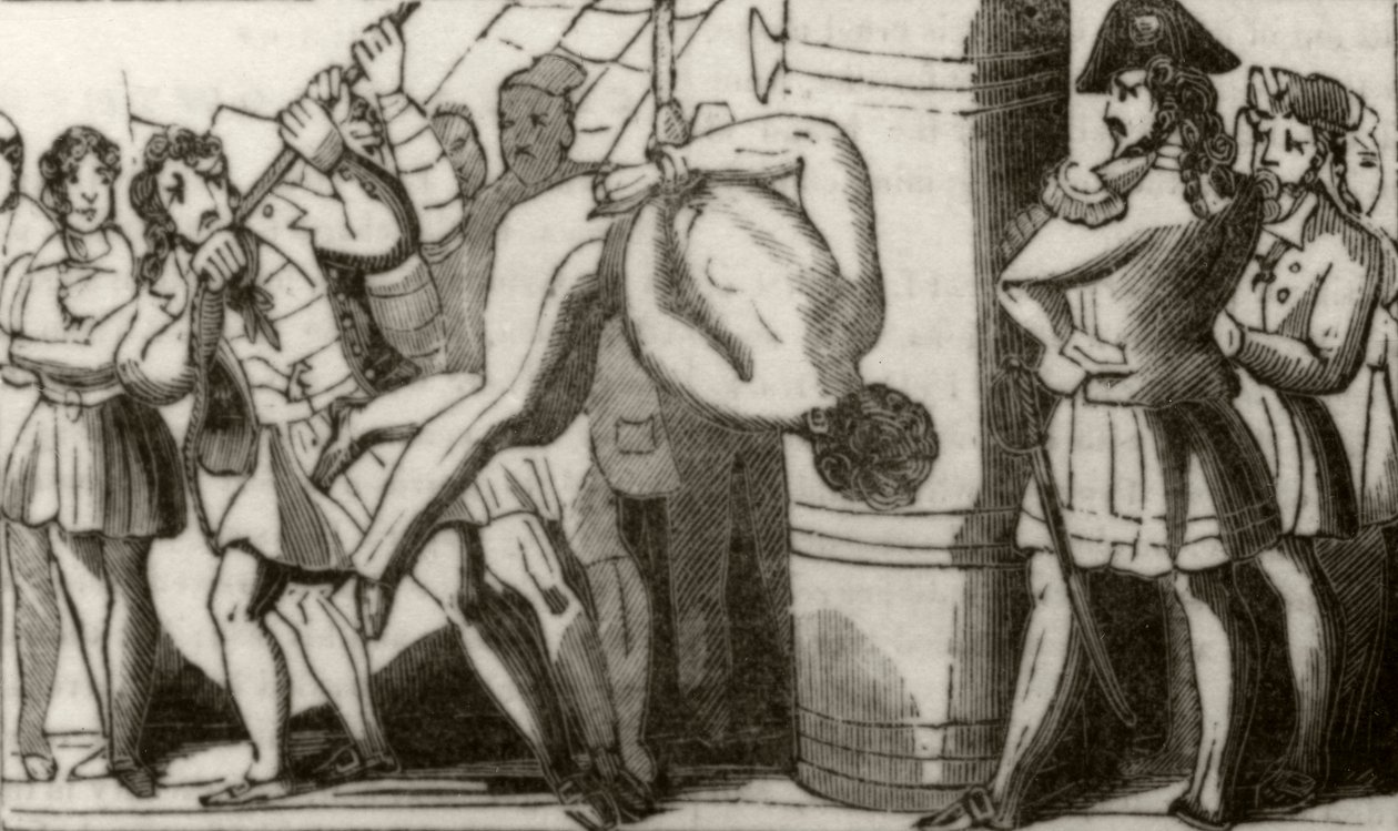 "Spriggs som hissar upp besättningen på en Boston-skonare till förtoppen och låter dem sedan falla på däck", c.1836 av Unknown artist