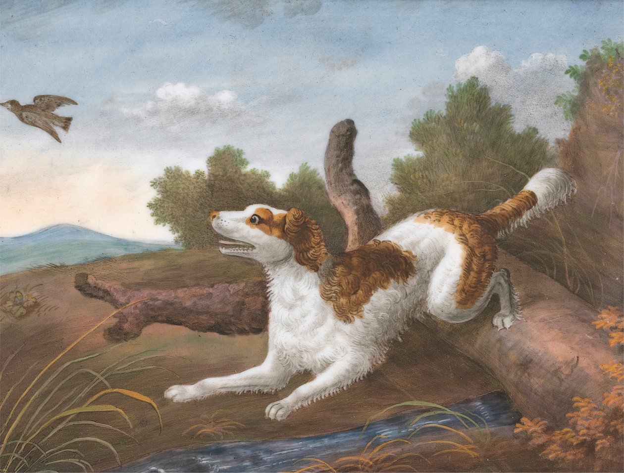 Springer: En spaniel som gränsar över en stock för att fjädra en snipe till vänster av Unknown artist