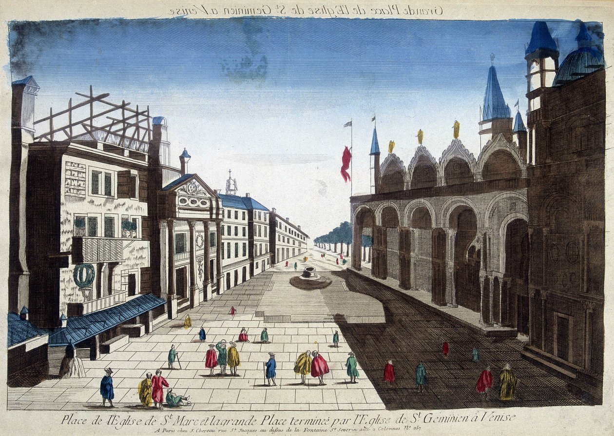 Markuskyrkans torg och Stora torget avslutas av St. Geminiankyrkan i Venedig. Gravyr av 1700-talet. av Unknown artist