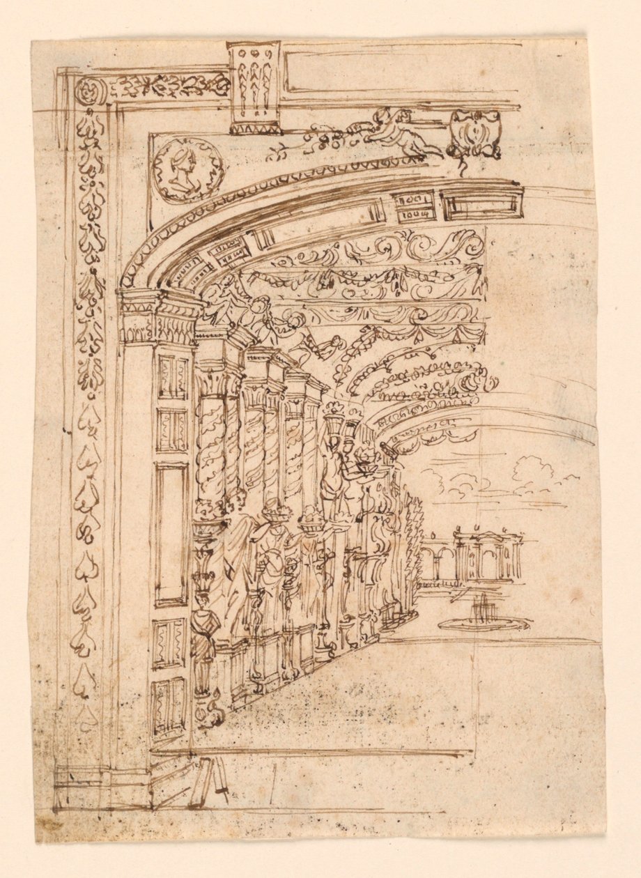 Scendesign: Arcade Leading to a Garden av Unknown artist