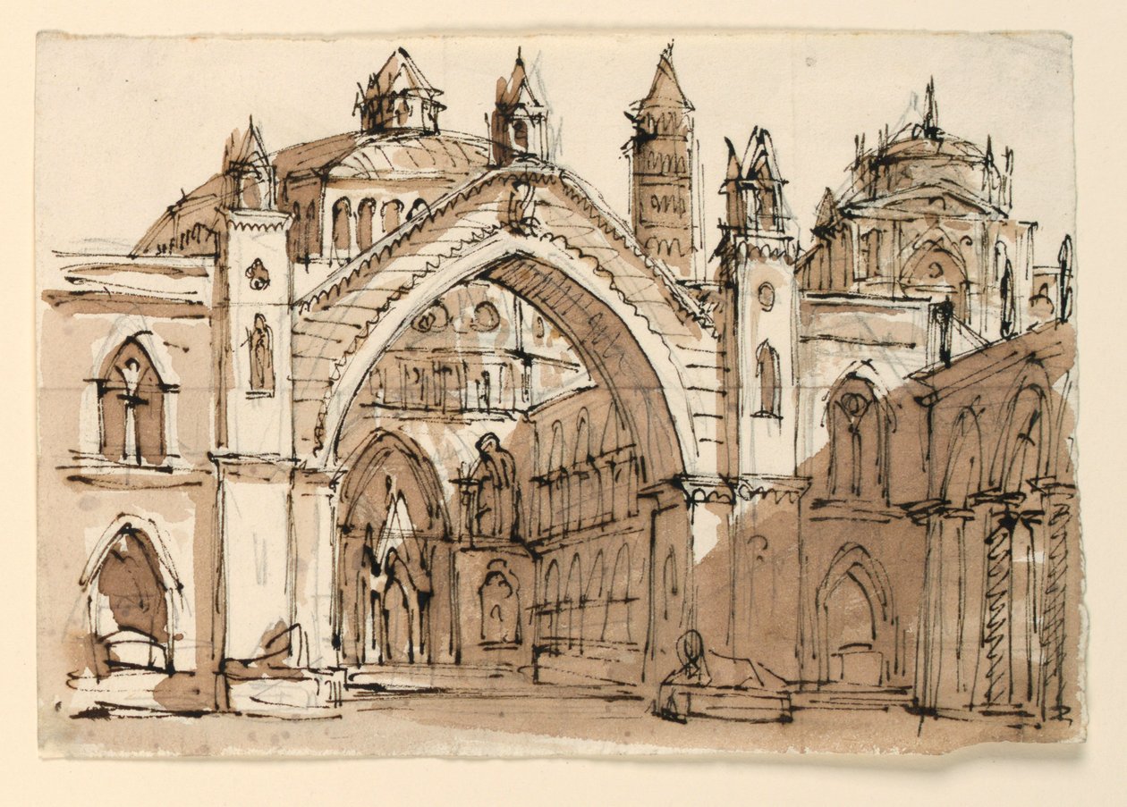 Scenografi, exteriör av gotiska kyrkan av Unknown artist