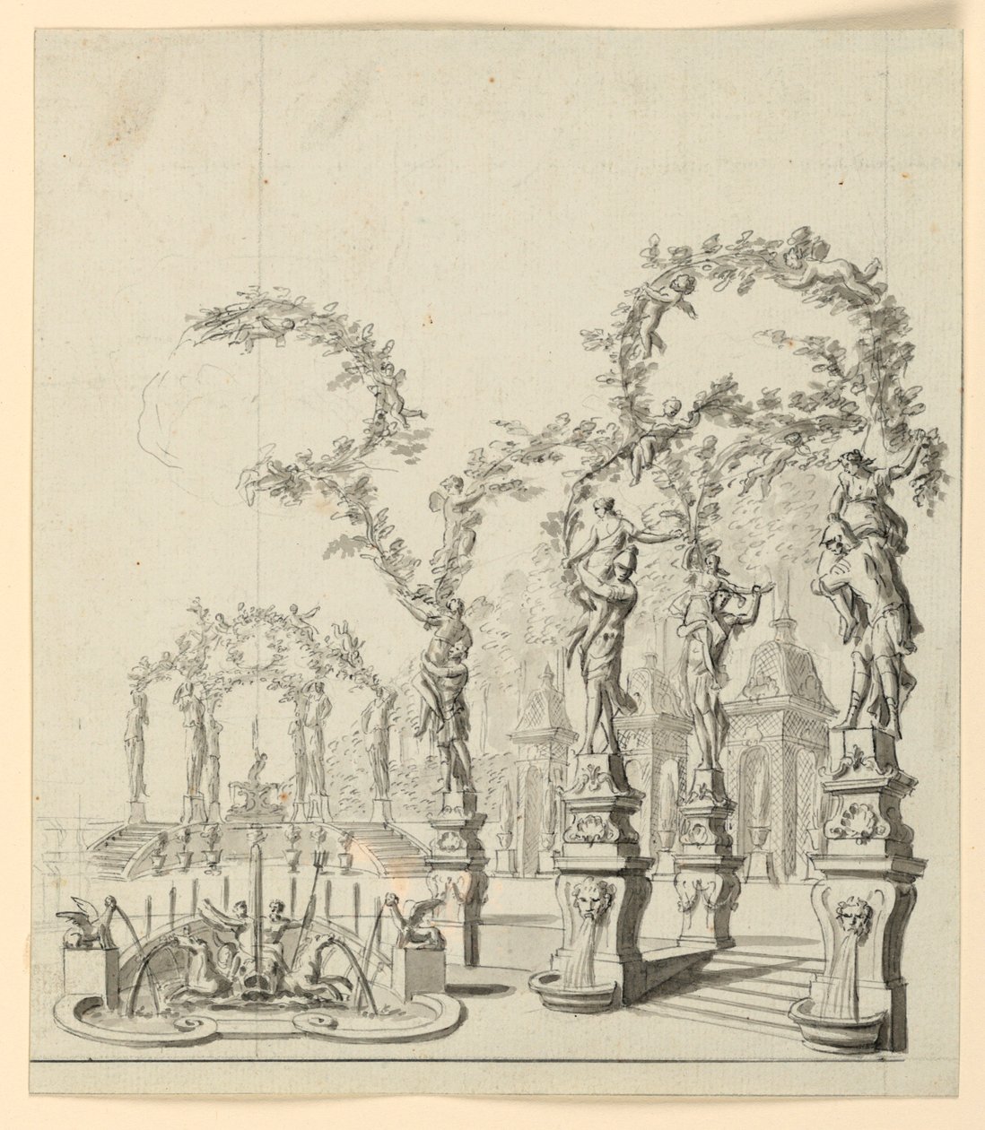 Scenografi: Trädgårdsarkitektur med fontän och skulpturer av Unknown artist
