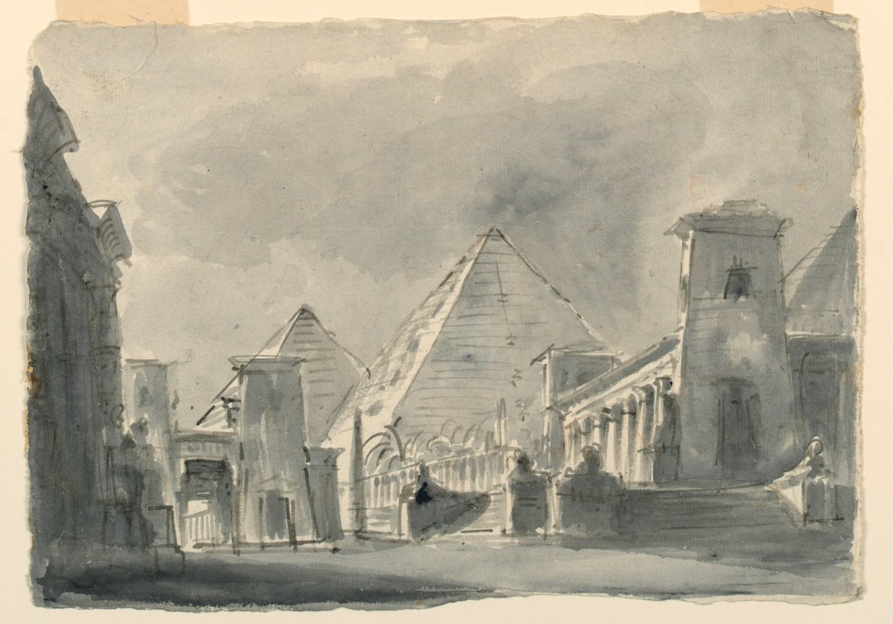 Scendesign, grupp av egyptiska byggnader från exteriören av Unknown artist