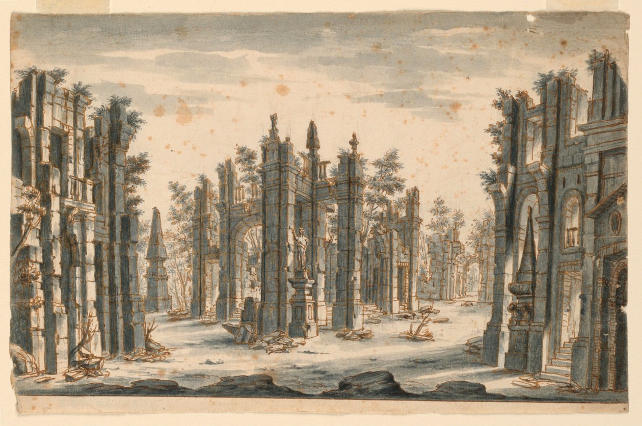 Scenografi, grupp av förstörda byggnader med obelisker av Unknown artist