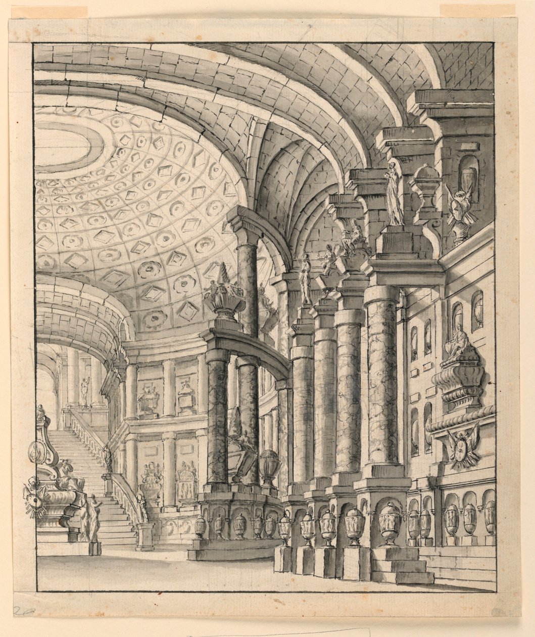 Scendesign: Hall med tak och urnor av Unknown artist