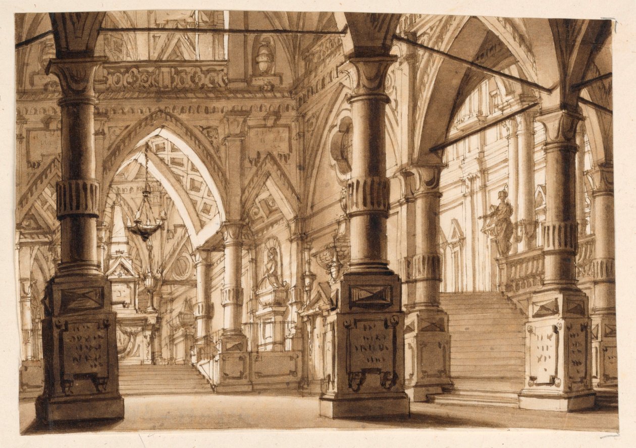 Scenografi, interiör av gotiska kyrkan av Unknown artist