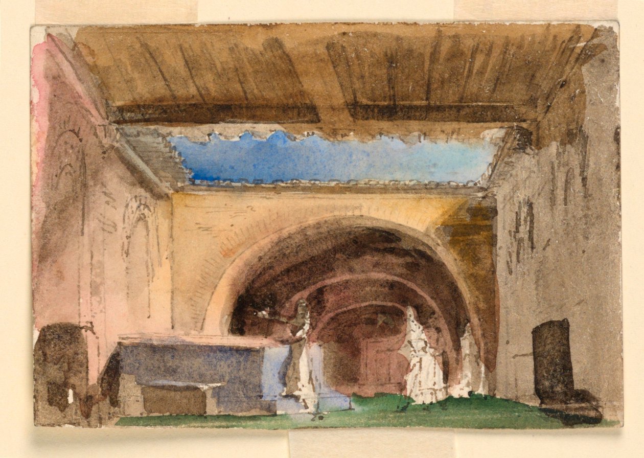 Scenografi, interiör av hus och domstol av Unknown artist