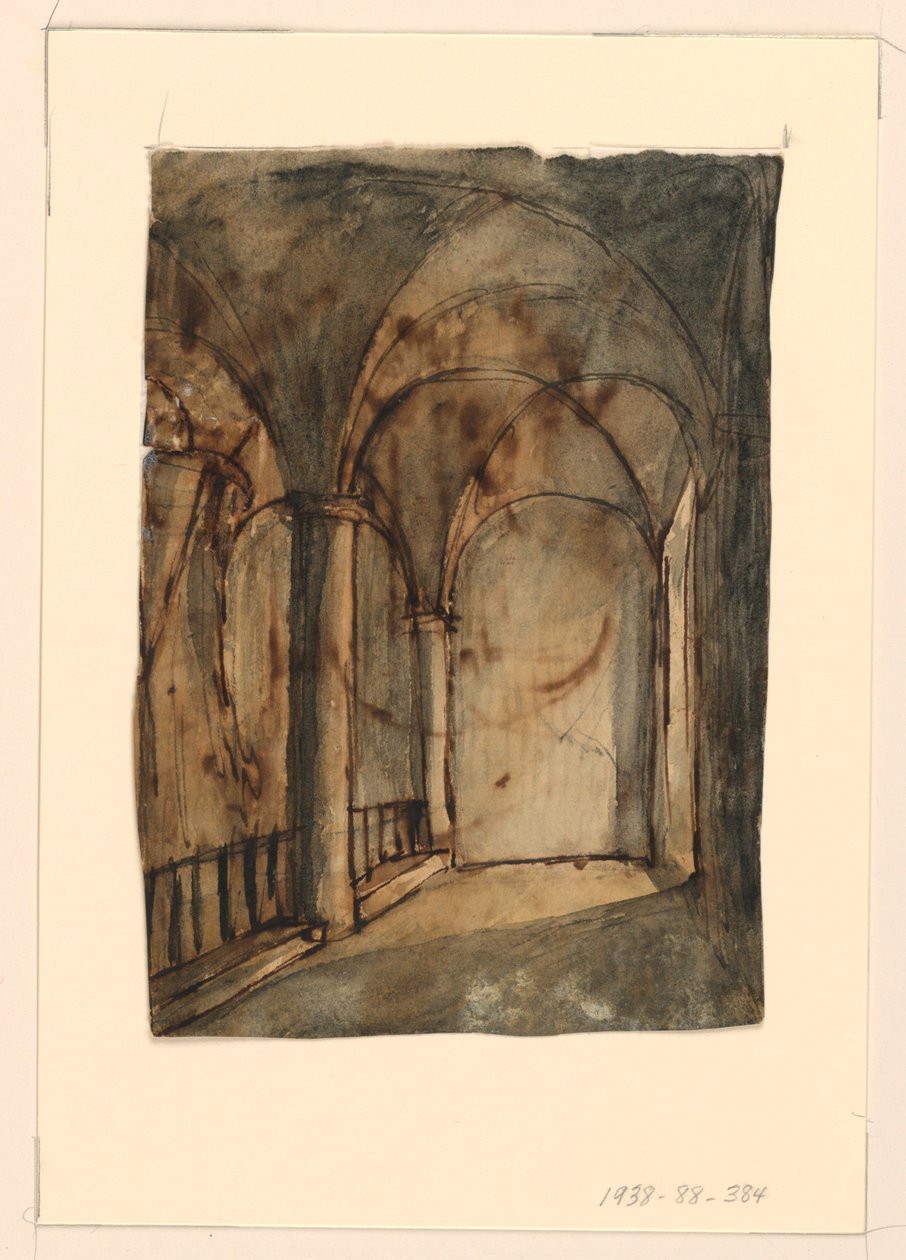 Scenografi, välvd kyrka interiör av Unknown artist