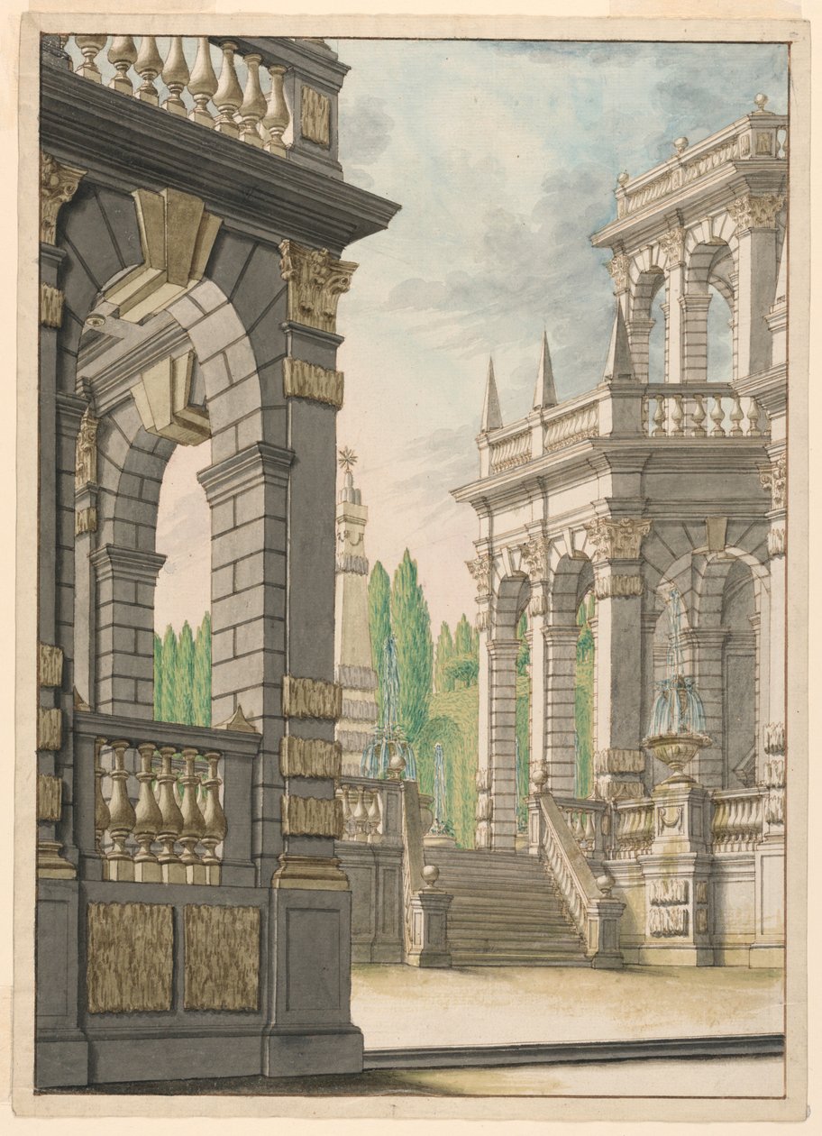 Scenografi: Villa med obelisk och albaniska armar av Unknown artist