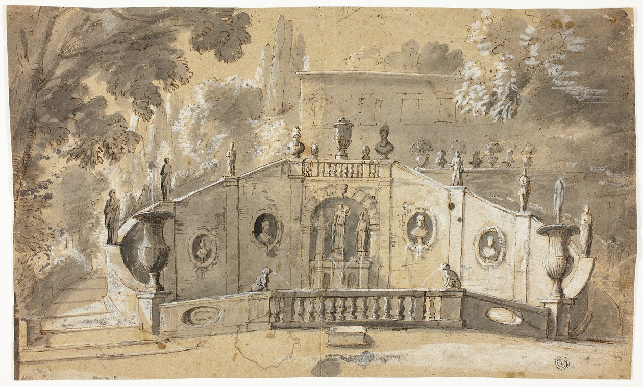 Trappa och fontän (recto); Sittande man naken i profil till vänster, tittar uppåt (verso) av Unknown artist