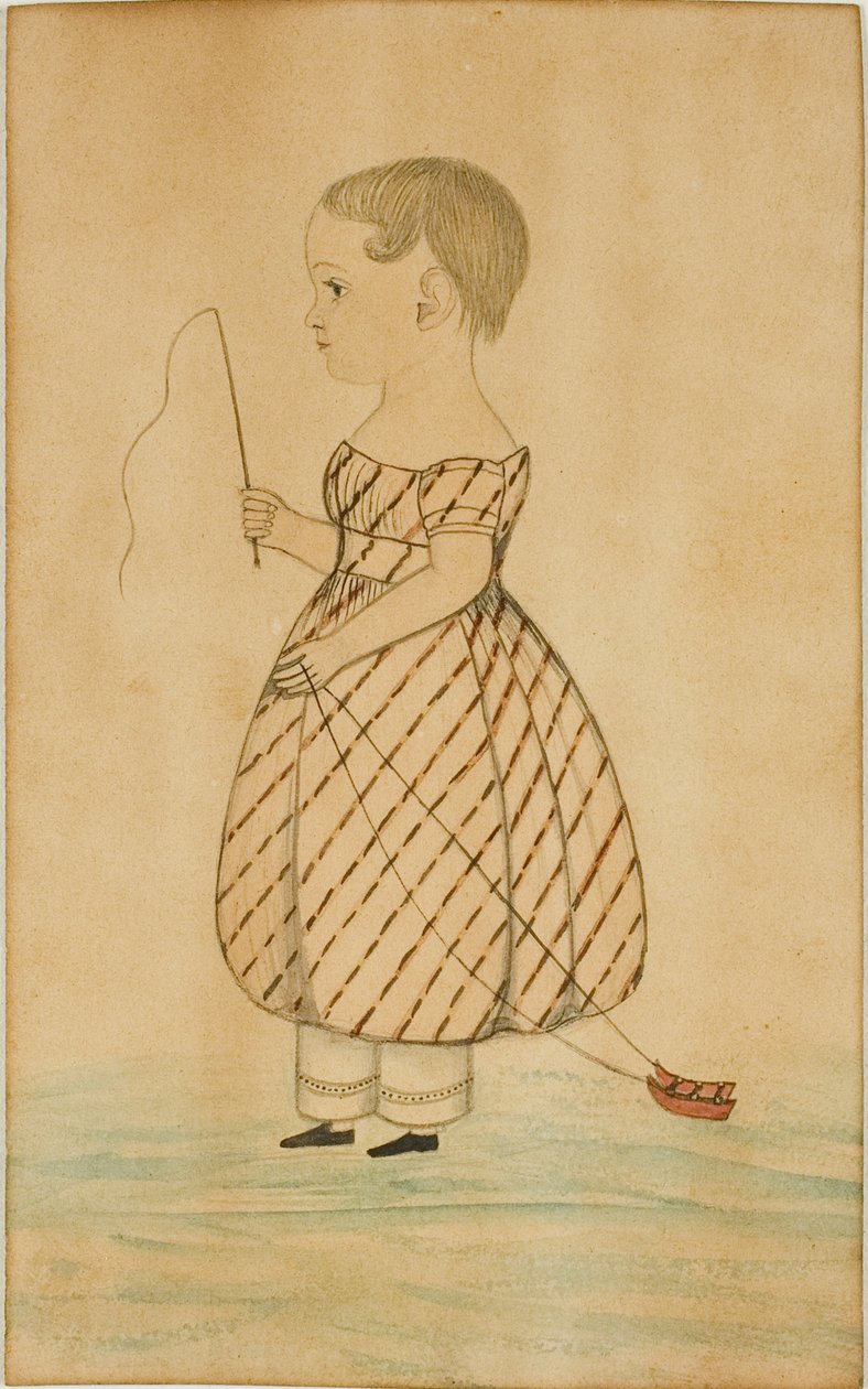 Stående flicka i profil till vänster med piska och leksakssläde av Unknown artist