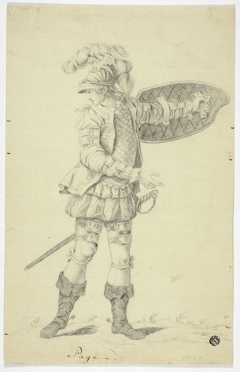 Stående sida med sköld och svärd av Unknown artist