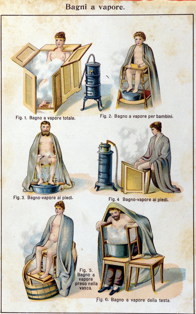 Ångbad. Italiensk översättning av "Bilz, naturlig medicin", sent 1800-tal. av Unknown artist