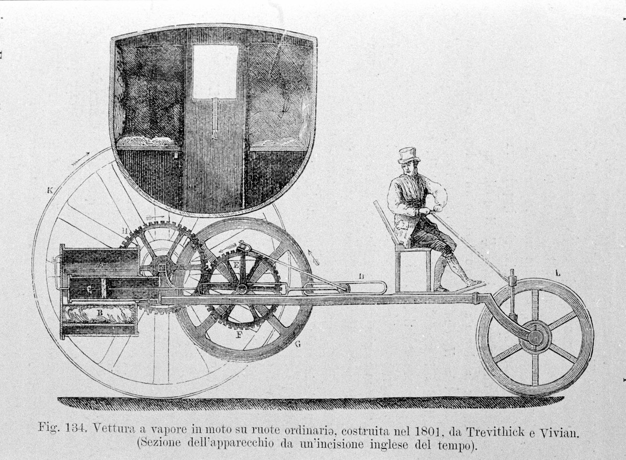 Ångbil monterad på det vanliga, byggd 1801 av Trevithick och Vivian. Gravyr av 1800-talet. av Unknown artist