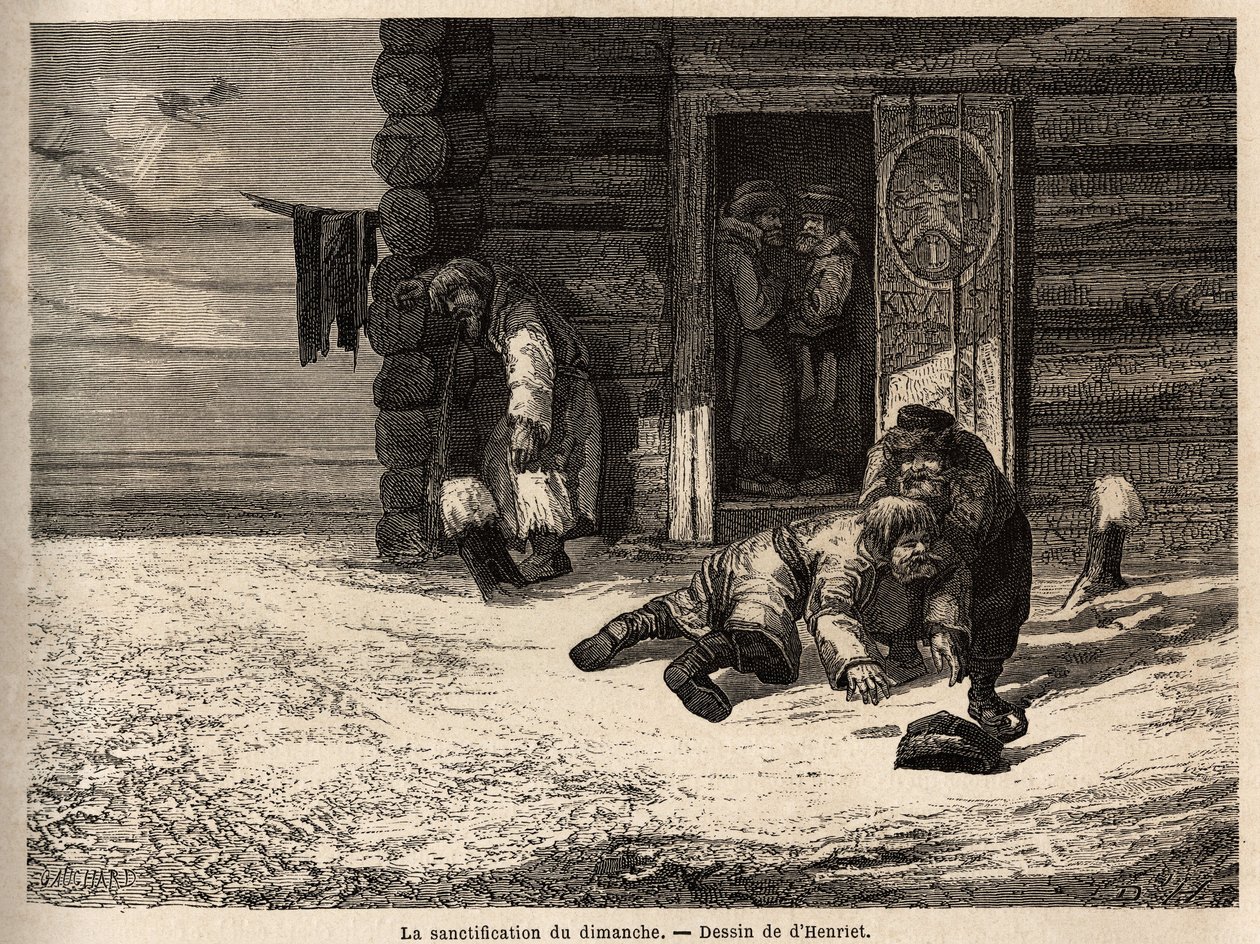 Söndag helgelse har spiskummin sprit, Dorpat arbetare. Ritning av Henriet, för att illustrera hans resa till de ryska baltiska provinserna 1851-54. Gravyr i "" Le tour du monde"", redigerad av Edouard Charton av Unknown artist