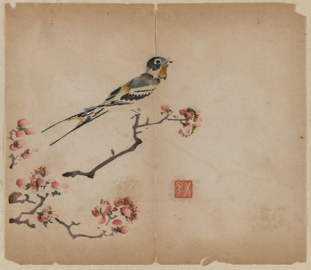Svala på blommande persikagren av Unknown artist