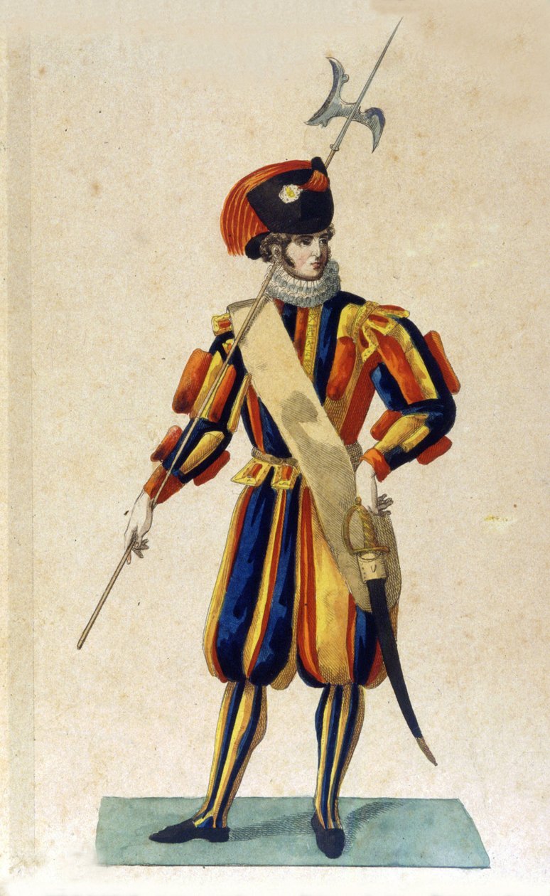 Schweizisk vakt i Vatikanstaten i liten outfit. av Unknown artist