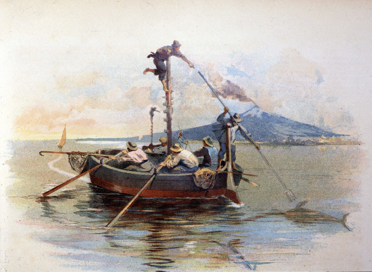 Svärdfisk harpunfiske i Detroit of Messina på Sicilien. Akvarell 1898 av Unknown artist