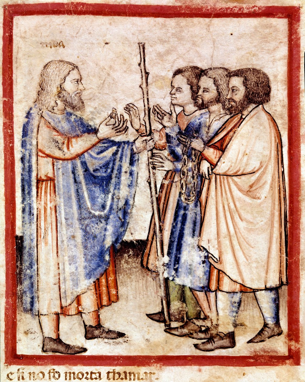 Tamar presenterar Juda med sigillet, snöret och käppen han hade lämnat som säkerhet, miniatyr från codex 212 (eller padovano codice eller Bible of Padua) 1390-1400 (vellum) av Unknown artist