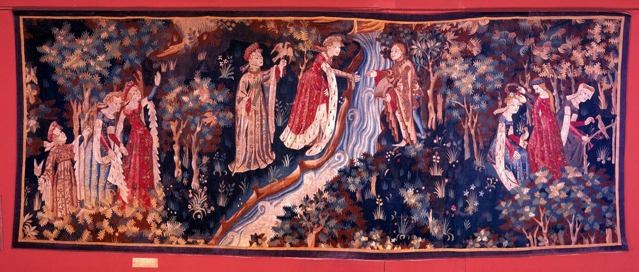 Gobeläng som skildrar en romanscen: en ung kvinna av adeln som försöker nå sin älskare på andra sidan floden. Den unga kvinnan täcks av sina följare med en krans av blommor. 1420 ca. Från Arras. Dekorativ konst, Paris av Unknown artist