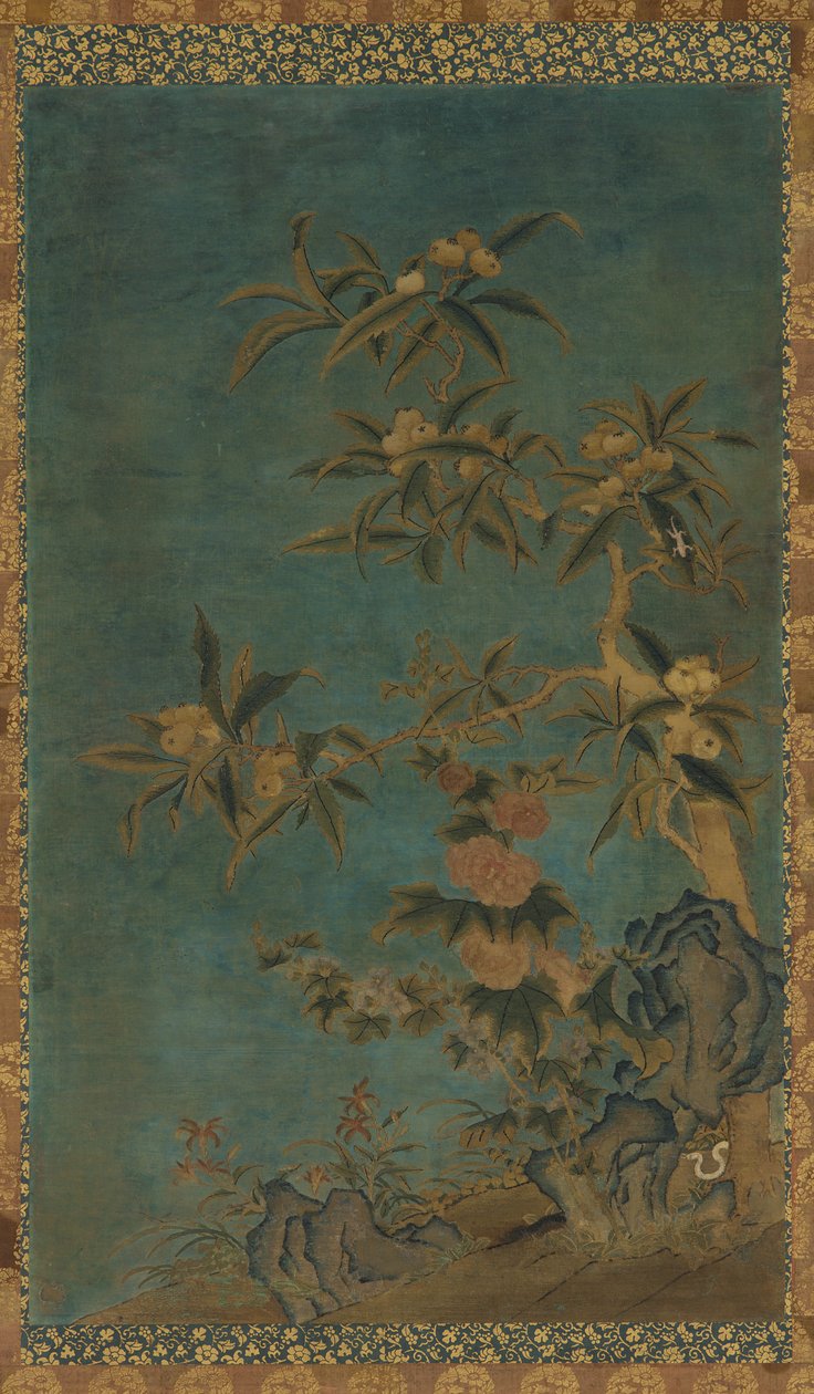 Gobeläng: fruktträd och stockrosor av Unknown artist