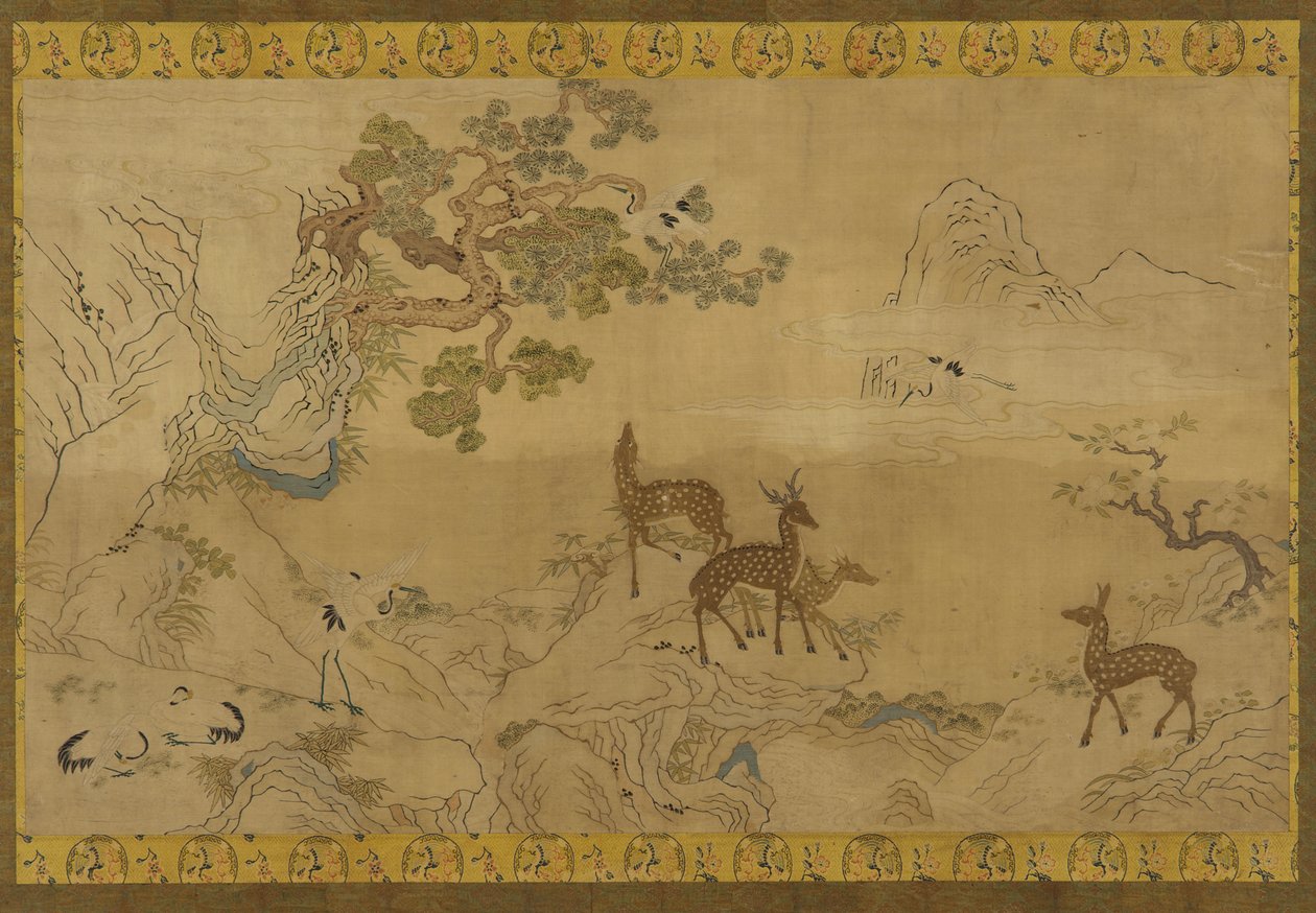 Gobeläng: landskap med rådjur, storkar, tallar och persikoträd av Unknown artist