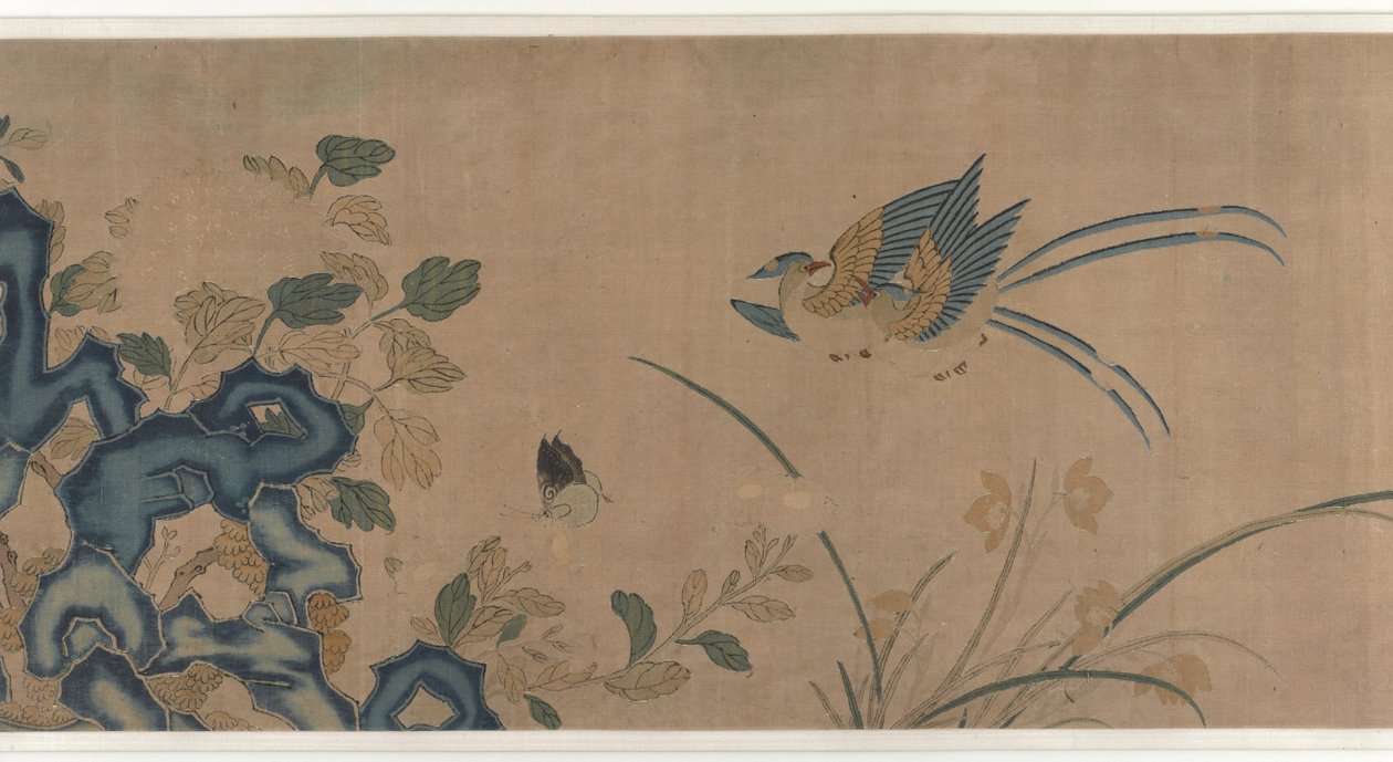 Gobeläng av blommor, en sten, fåglar och fjärilar av Unknown artist