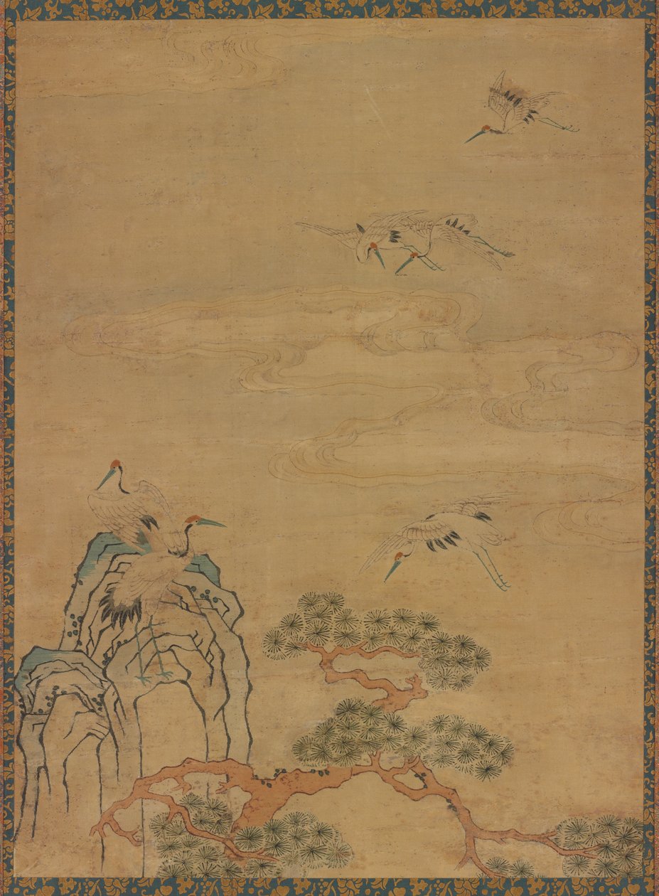Gobeläng med tranor, stenar, tallar och moln av Unknown artist