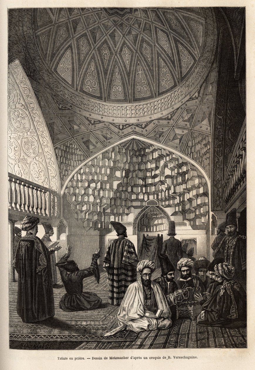 Tatarer i bön, i moskén i Schusha (Transkaukasien, Ryssland). Gravyr för att illustrera resan i provinserna i Kaukasus, av Basile Vereschaguine, 1864-1865, publicerad i "" le tour du monde", under ledning av D