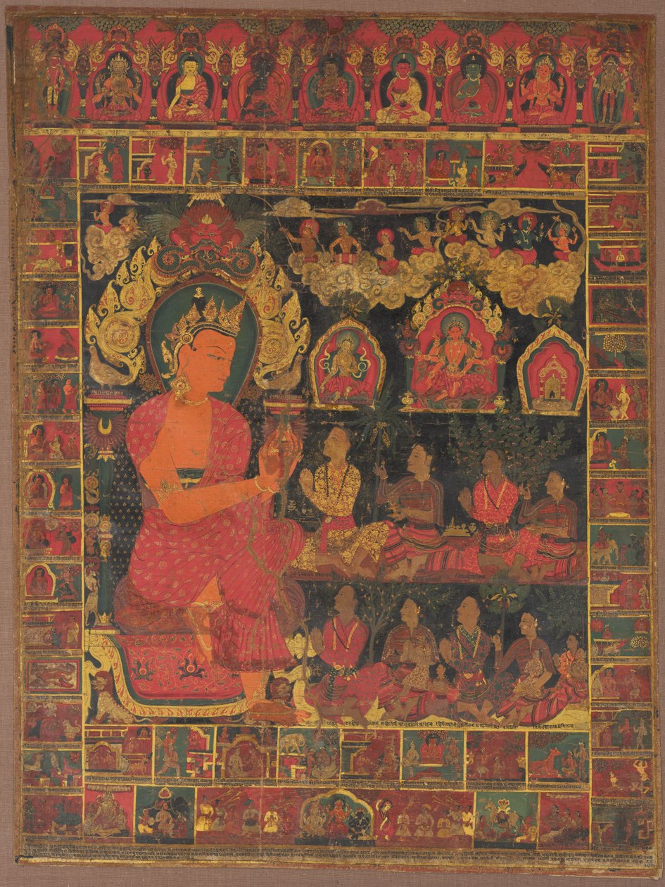 Thangka med bejeweled Buddha Preaching av Unknown artist