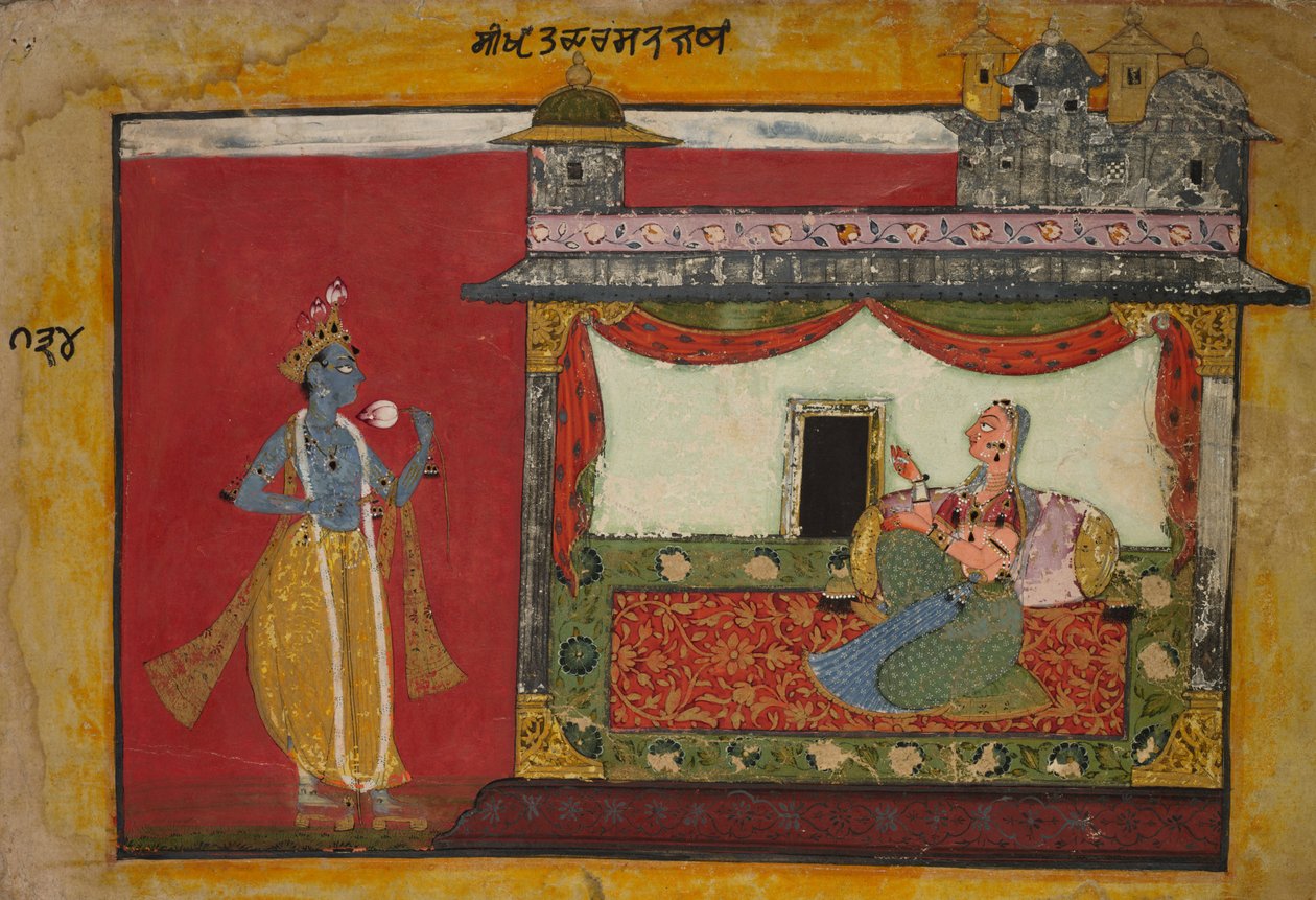 Krishnas närmande. Sida från en Rasamanjari av Unknown artist