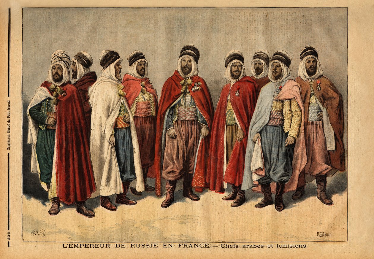 De arabiska och tunisiska hövdingarna, anklagade för tsar Nicholas II:s hedersvakt, besökte Frankrike. (Han är Hamza, chef för Uleds sidi sheiks; Han är Mohammed ben Ghana, härskare över Zibans; Han är Ferhat Mouly, caid för Beni Maaida; Han är Lakdan, här av Unknown artist
