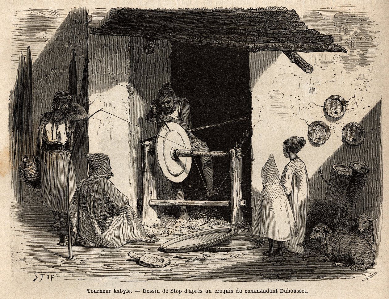 Hantverkaren Turner Kabyle i sin verkstad tillverkar en enorm trälägenhet som används för alla ändamål, hushåll och jordbruk, i Kabylien (Algeriet). Gravyr för att illustrera utflykten till den stora Kabilie, mellan Medelhavet och Djurjura, 186 av Unknown artist