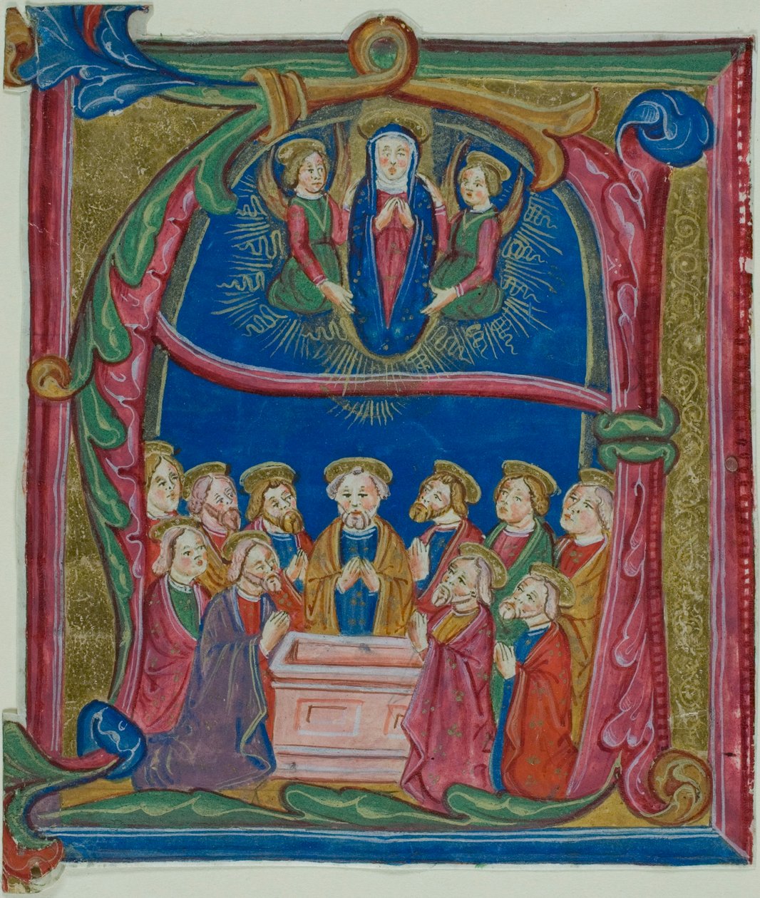 Jungfru Marie himmelsfärd i ett historiserat initialt "A" från en antifonarie av Unknown artist