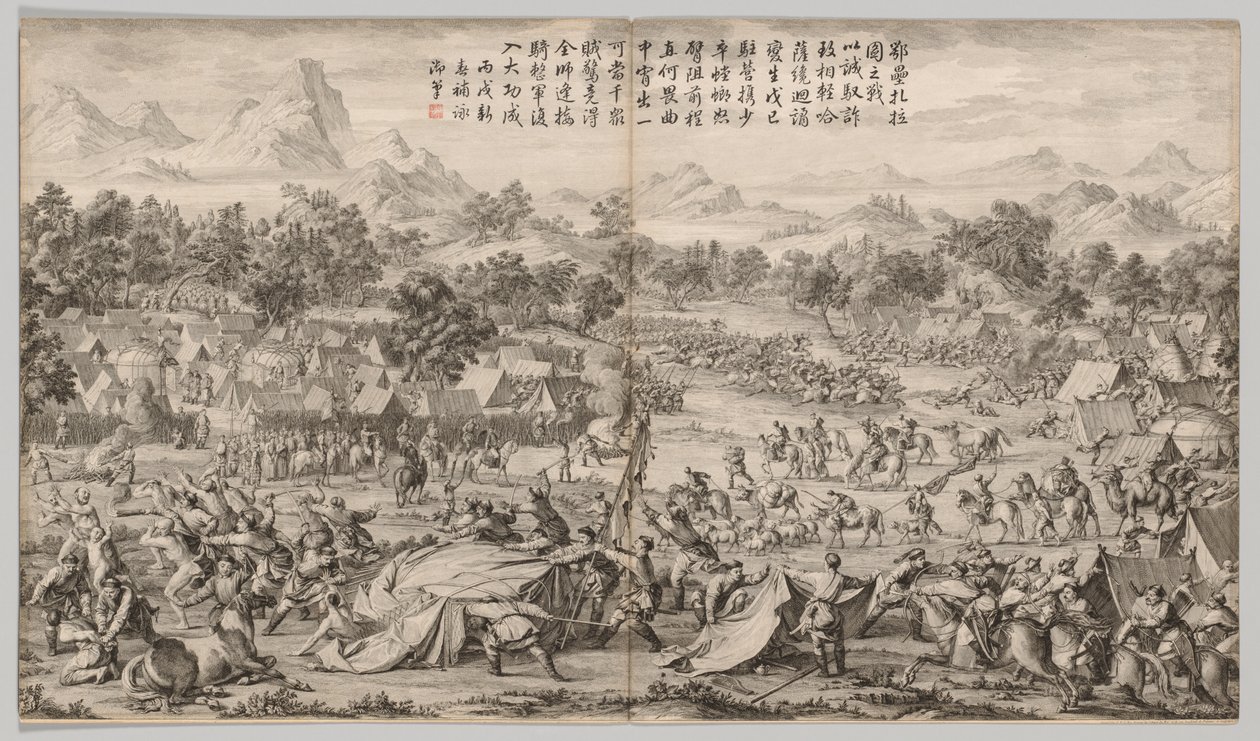 Slaget vid Elei Zhalatu: från Battle Scenes of the Quelling of Rebelling in the Western Regions, with Imperial Poems av Unknown artist