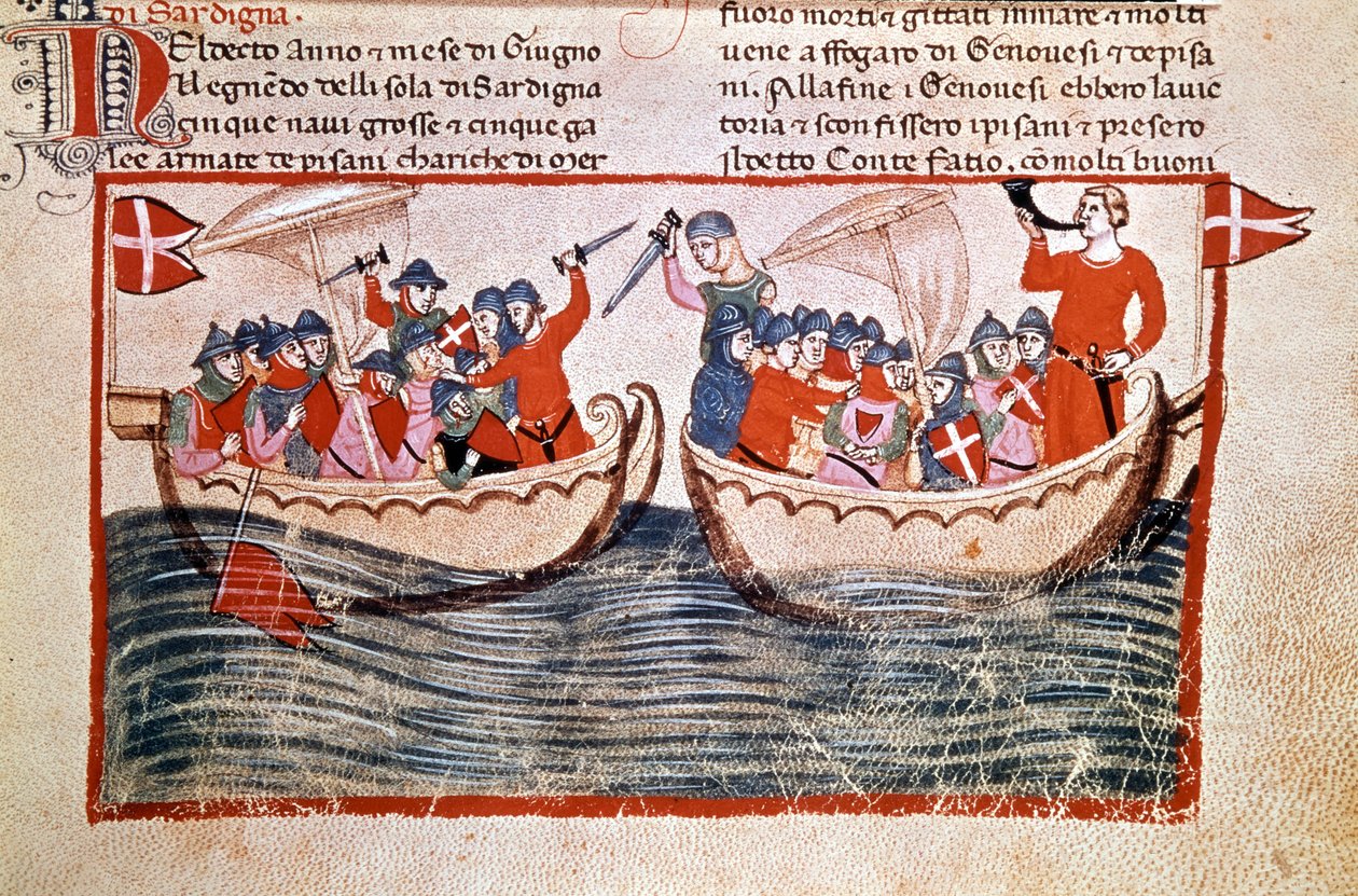 Slaget vid Meloria som kulminerar i ockupationen av Korsika av Genua. 1284. Manuskript. Biblioteca Vaticana av Unknown artist