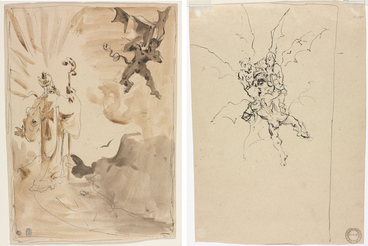 Biskopen och demonen (recto); Tre demoner som håller en riddare (verso) av Unknown artist