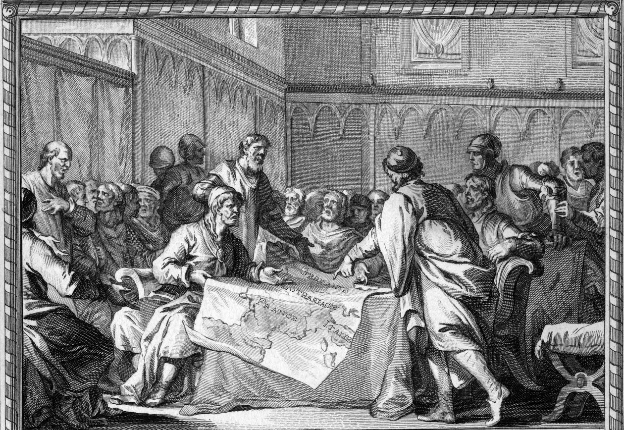 Det karolingiska riket delades upp mellan Ludvig den frommes tre söner: Lothaire I, Ludvig germaner och Karl den skallige, enligt fördraget i Verdun (843). Gravyr av 1700-talet. av Unknown artist
