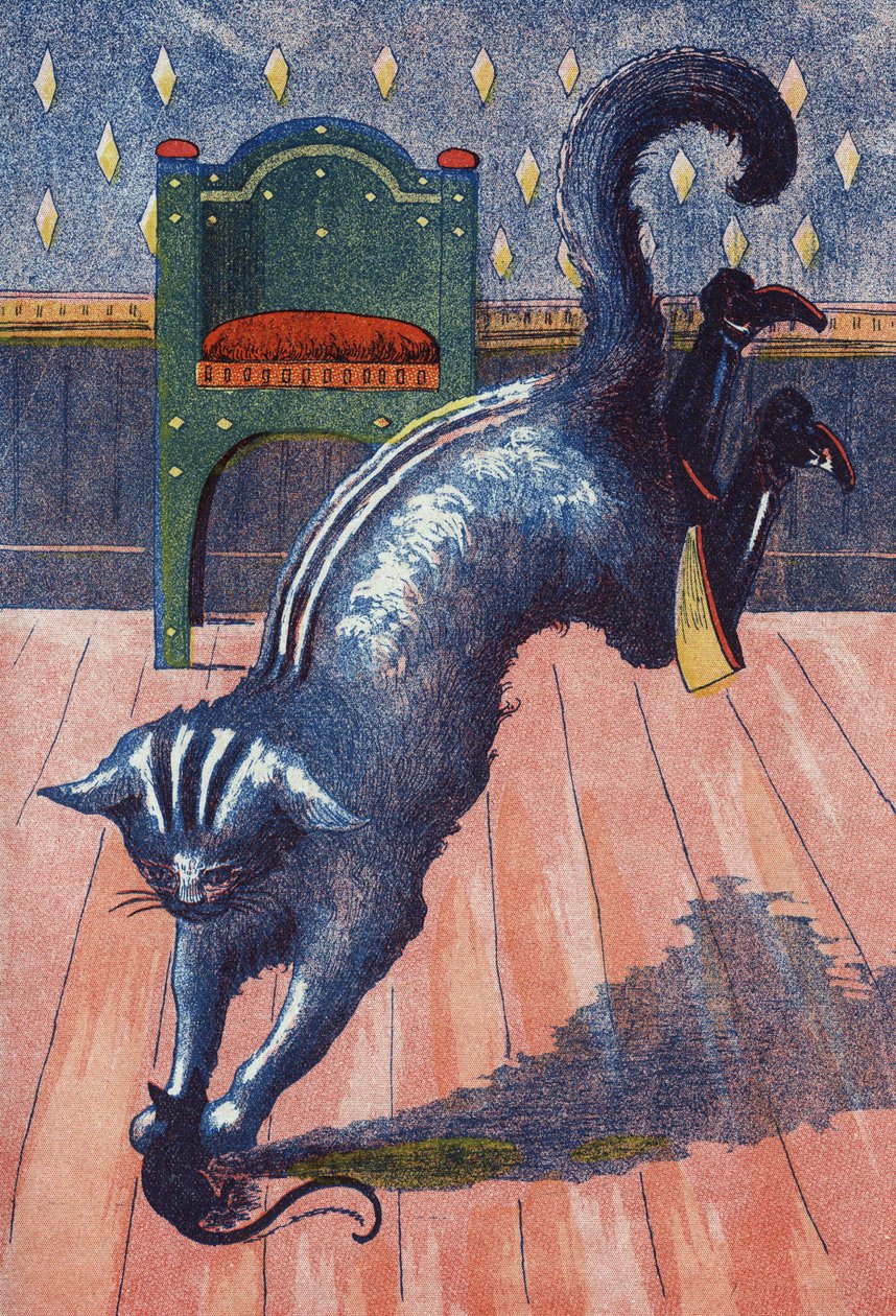 Katten kastar på ogren förvandlas till en mus. Illustration för "" Le chat Botte", berättelse av Charles Perrault (1628-1703), fransk författare. Anonym illustration. Bildmaterial Marcel Vagne, Jarville Nancy, odaterat (slutet av 1800-talet). av Unknown artist