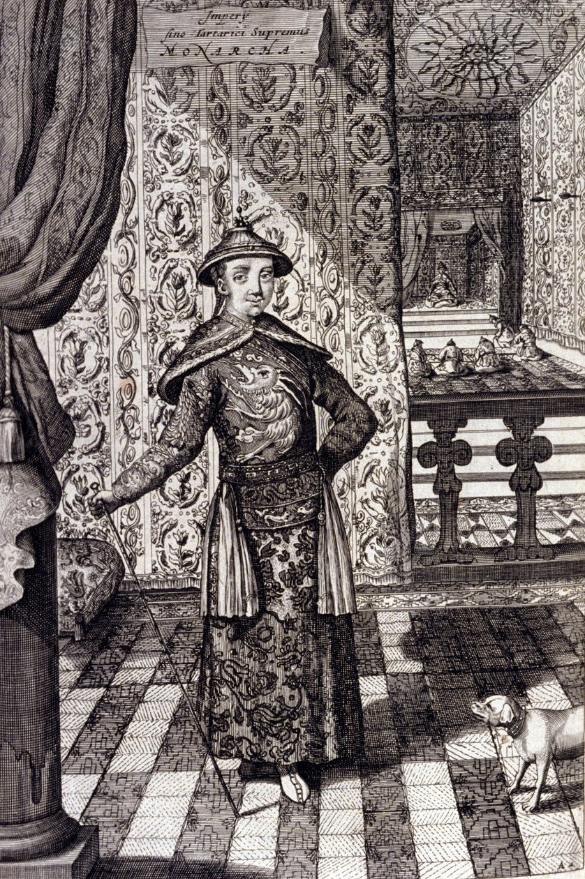 Den kinesiske kejsaren och tatarernas högsta härskare - kinesisk kejsare Kangxi (1652-1722) Qing-dynastin, gravyr av Athanasius Kircher (1601-1680) från "" China Monumentis, qua sacris qua profanis""" 1667 - kinesiska kejsaren (1652xi) -1722) Qingdynastin, av Unknown artist