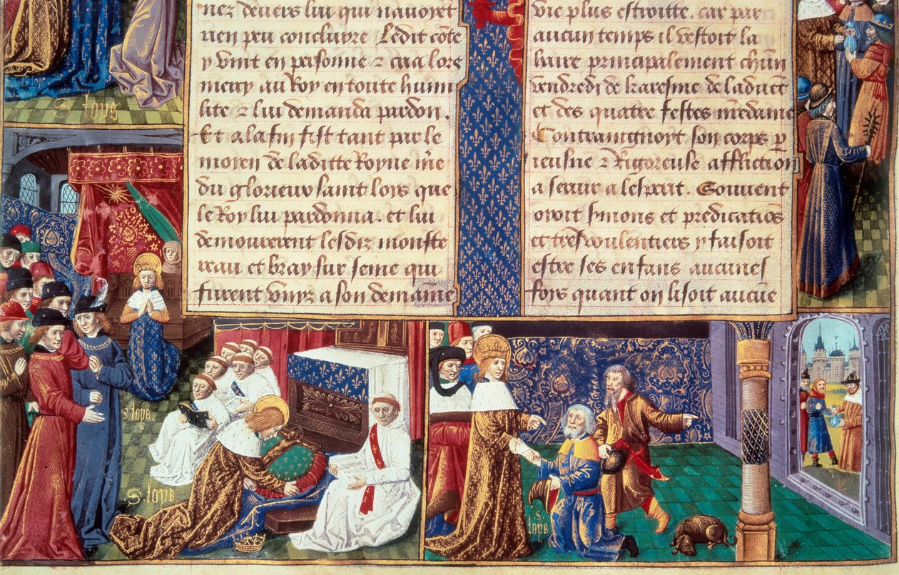 De kristna dygderna (som fromhet och hängivenhet) hos kung Ludvig IX (1214-1270) (Saint Louis): till vänster omfamnar kungen krucifixet, till höger tar han emot Gamla berget. Miniatyr från ett manuskript "The Book of Facts Monsignor Saint Louis"" 15t av Unknown artist