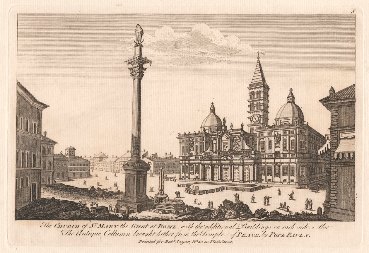 Kyrkan av St. Maria den stora i Rom, med de extra byggnaderna på varje sida; Också den antika kolumnen som fördes hit från fredens tempel, av påven Paul, V av Unknown artist