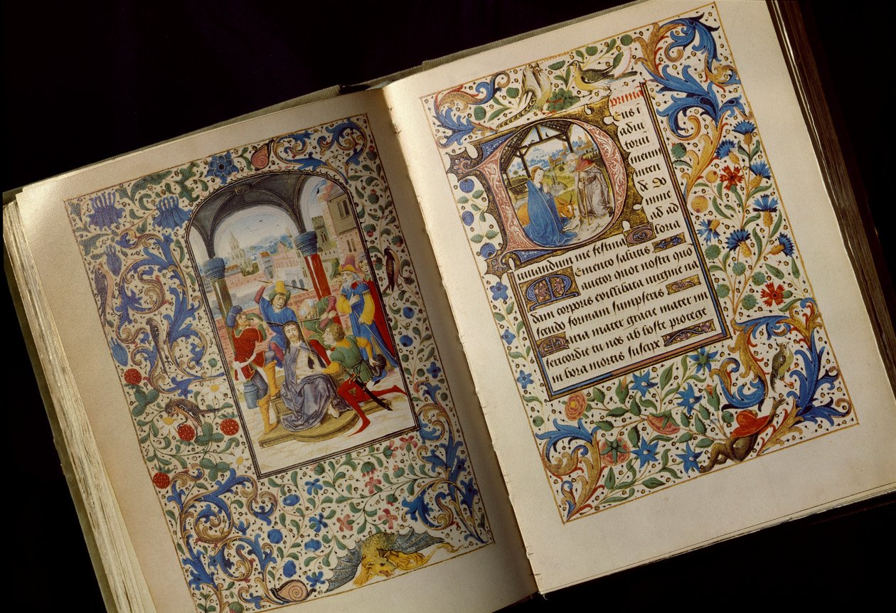 The Coronation of Spines Dubbelsida av ett öppet manuskript av "" Timmebok av Maria av Burgund (1457-1482)" (Cod. 1857) Osterreichische Nationalbibliothek Vienna från slutet av 1400-talet av Unknown artist