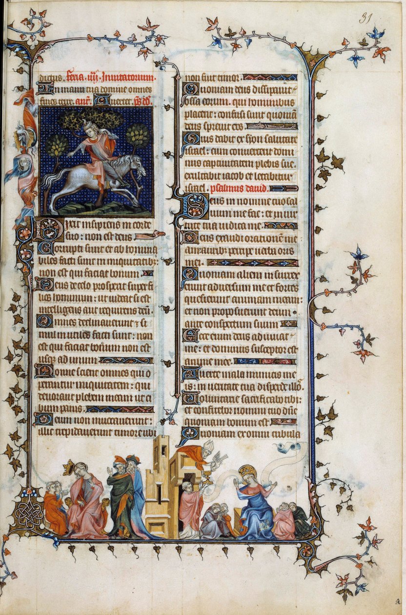 Den danske prelaten och statsmannen Absalon eller Axel (1128-1201), som torkade Danmark från pirater, dör upphängd i ett träd. Nedan, en allegori över galenskap, förklarar profeten Daniel sin dröm för kung Nebukadnessar. Till höger, scen för sakramentet av av Unknown artist