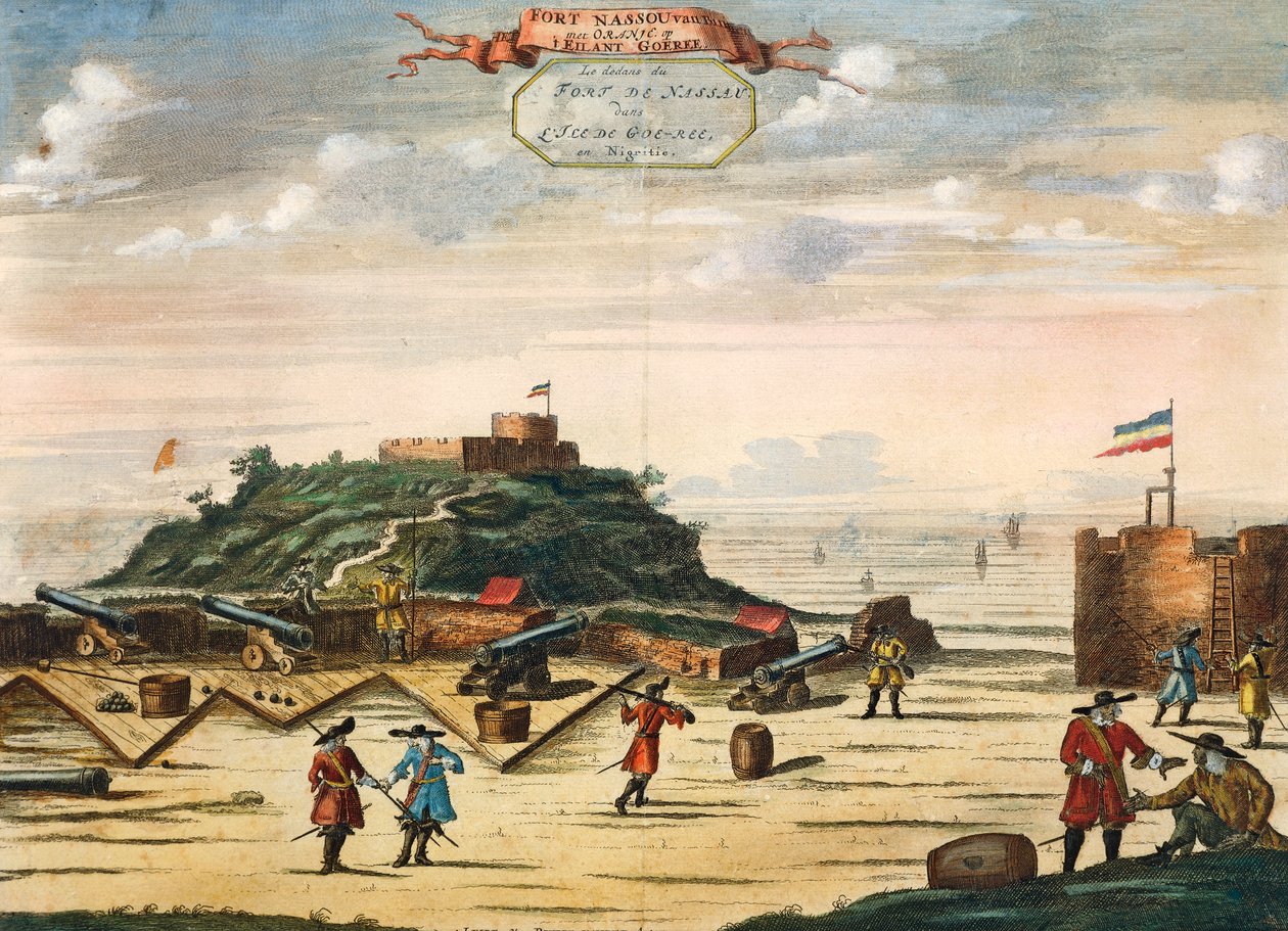 Det holländska fortet av Nassau på ön Goree, Senegal, gravyr. Afrika av Unknown artist